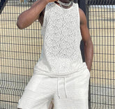 Men Tank Tops Lace Transparent O-neck Sleeveless Male Vests Streetwear Summer Sexy Fashion Men Clothing Tops S-5XL voguable