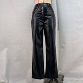 Voguable Black PU Faux Leather Pants for Women Fashion Autumn Winter High Waist Button Fly Casual Straight Trouser Female Pantalones voguable