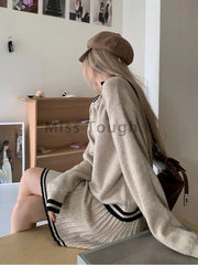 College Style Elegant Sweater Skirt Suit Women Fashion Polo Neck Tops + Pleated Mini Skirt Harajuku Knit Casual Two Piece Suit Pbong