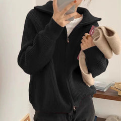 Rib Knit Zip Up Cardigan for Women Zipper Front Raglan Long Sleeve Sweater Jacket Coat Comfy Knitwear Fall Winter Vintage Outfit voguable