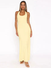 Halter Backless Sexy Maxi Dress Women Gown Summer New Solid U Neck Sleeveless High Waist Long Dress Elegant voguable