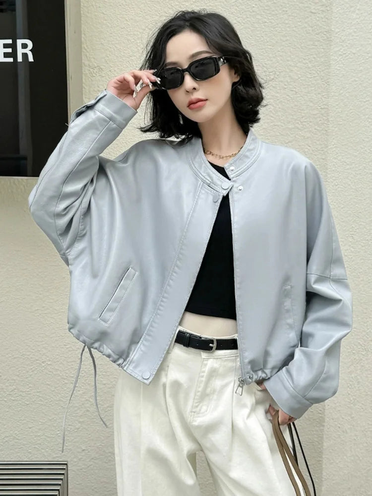 Women Blue Biker Pu Jackets Retro Streetwear Long Sleeve Moto Short Coats Casual O Neck Korean Fall Winter Pockets Outwear New voguable