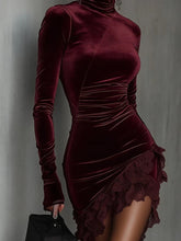 Voguable Vintage Turtleneck Velvet Slim Lace Short Dress Sexy Solid Color High Waist Irregular Dress Temperament Simple Wrap Hips Dresses voguable