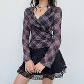 Voguable Y2K Plaid Double Layer Mesh Top Black Ruched V-neck T-shirts Fairy Grunge Long Sleeve Tops Vintage Sweet Bow Tees Fall voguable