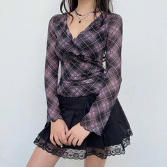 Voguable Y2K Plaid Double Layer Mesh Top Black Ruched V-neck T-shirts Fairy Grunge Long Sleeve Tops Vintage Sweet Bow Tees Fall voguable