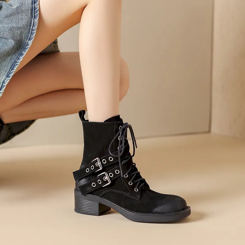 New Retro Lace-up Cow Suede Leather Women Ankle Boots Thick Heels Office Ladies Working Shoes Woman Winter Platform Shoes voguable