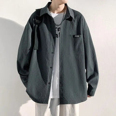 Spring Autumn New Fashion Turn-down Collar Long Sleeve Solid Color Striped Blouse Men's Clothing Korean Button All-match Shirts voguable