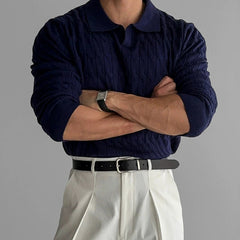 New American Fashion Jacquarded Men Polo Sweater Light Luxury V Neck Knit Solid Color Long-sleeved Tops Premium Quality Knitwear voguable