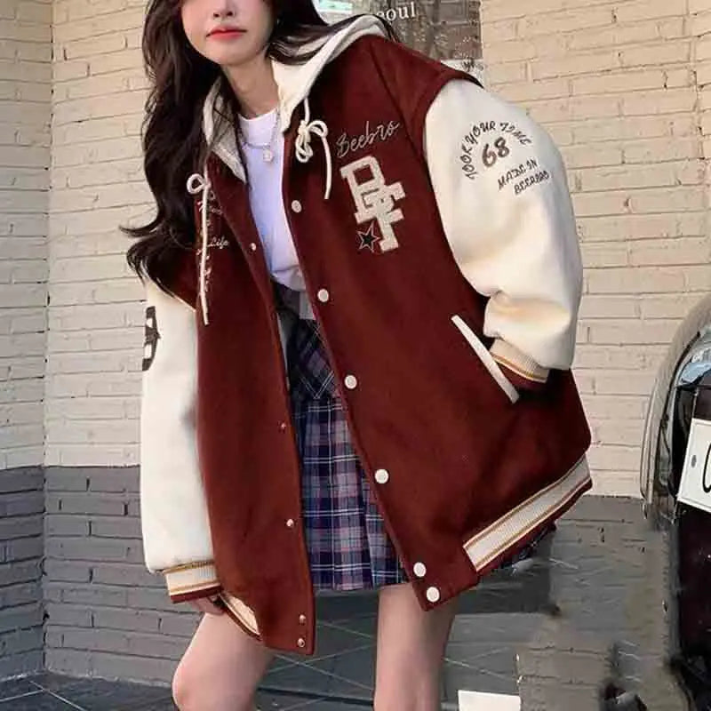American Retro Preppy Style Baseball Jacket Plush Thick Blazers Women Autumn Winter New Student Harajuku Cardigans Hooded Coat voguable