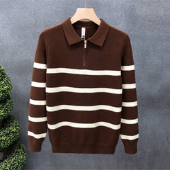 Autumn Winter New Fashion Turn-down Collar Half Zipper Long Sleeve Pullovers Men's Clothing Striped Knitting All-match Chic Tops
