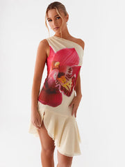 Skew Collar Ruffled Print Sexy Mini Dress For Women Off-shoulder Sleeveless Backless High Waist Printed Dress Vestido voguable