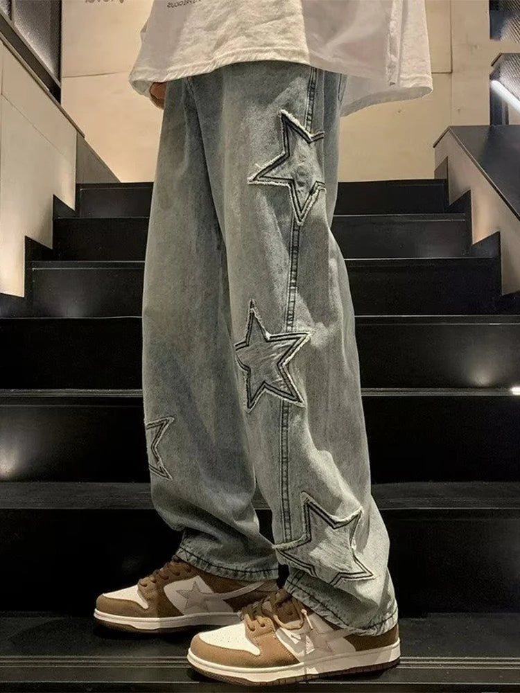 Voguable  Y2K Star Embroidery Casual Men Jeans Gothic Neutral Wide Leg Denim Trousers Male Loose Hip-hop Fashion Youth Streetwear voguable