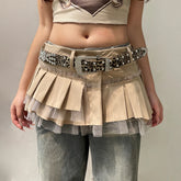 Voguable Fairycore Grunge A-line Cargo Skirt Khaki Low-waisted Mesh Patchwork Pleated Super-short Skirts Layering Bottoms Street voguable