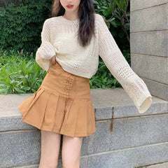 Long Sleeve Pointelle Knit Top Women Sheer Openwork Boxy-fit Crew Neck Pullovers Sweater Female Teen-girl Boho Vacation Outfit voguable