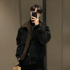 Vintage Winter Thick Lapel Cotton Jacket Men Korean Fashion Lambswool Fleece Bomber Jacket Loose Short Coat Mens Jacket voguable