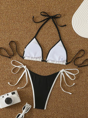 Voguable Sexy White Black Patchwork Micro Bikini Women Halter Push Up Bra Bandage Thong Swimsuit Bathing Suit Holiday Pool Swimwear voguable
