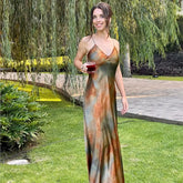Fashion V-neck Satin Party Dress Vacation Beach Slim Women Long Dress Tie Dye Printing Streetwear Summer Slip Dresses 2025 New voguable