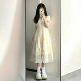 Voguable Fashion Women's Puff Sleeve DressEmbroidery Floral Print V Neck Short SleeveFemale Dresses New Tide voguable