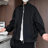 Black Mens Stand Collar Loose Fit Outdoor Spring Biker Jacket Casual Windbreaker Motorcycle Streetwear Trendy Daily Wear Coat voguable