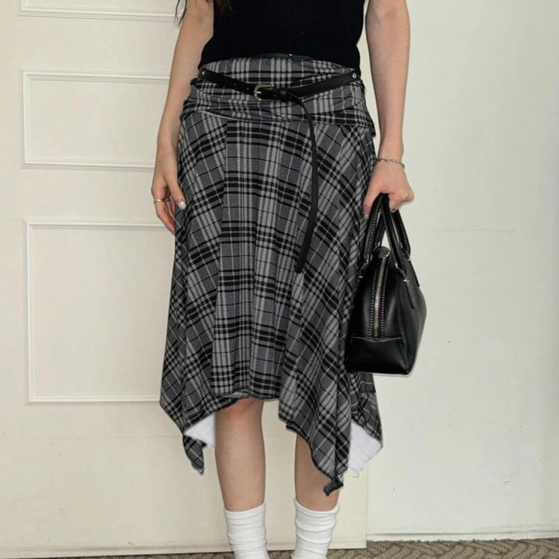 Preppy Style Plaid Print Skirt Grey Low Rise Loose Irregular A-line Midi Skirts Women Harajuku Clothes y2k Streetwear New voguable