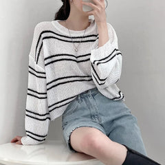 Pullover Women Striped Knit Sweater Comfy Lightweight Long Sleeve Crew Neck Jumper Female Teen-girl Casual Daily Outfit voguable