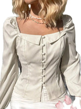 Europe and the United States cross-border women's 2024 vintage temperament wrinkly bubble sleeve square collar shirt long sleeve voguable