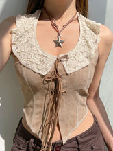 Voguable Suede Tank Top with Lace Collar Bandage Backless Halter Corset Fairycore Grunge Sleeveless Tops y2k Vintage Camis Women voguable