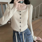 Voguable Square Collar Long-sleeved Knitted Cardigan Women's Spring Autumn Fashionable Design Short Sweater Base Shirt voguable