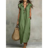 Voguable New Ruffles V-neck Casual Solid Color Straight Tube Long Dresses Summer Casual Loose Fit Flying Sleeve Pocket Women's Dress voguable