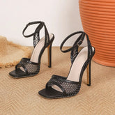 Voguable New Summer Fashion Crystal Breathable Hollow Out Sandals Women Square Toe Buckle Strap Thin Heels Ladies Shoes voguable