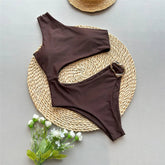 Voguable Dark Brown One Shoulder Solid Swimwears Sexy Swimsuit Women One Piece Hollow Out Monokini Metal Ring Bathing Suit Bodysuit voguable