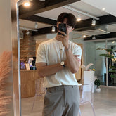 New Fashion Korean Style Men T-shirt Light Luxury Knitted Henry Collar Tops Casual Solid Color Short Sleeve Breathable Knitwear voguable