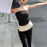 Voguable 2024 Spring New Streetwear Contrast Color Patchwork Pleated Casual Wide Leg Pants Women + Sexy Camisole Two-Piece Suit voguable