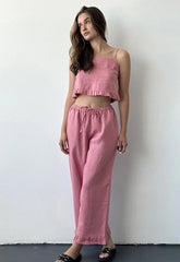 100% Cotton Ruffle Camisole And Loose Long Trouser Two Piece Set 2025 New Casual Summer Women Sets Homewear Sleepwear Pajamas voguable