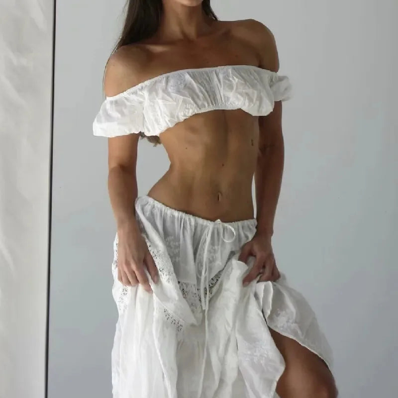 Voguable 2024 Sexy Corset White Embroidery Flower Ruched Chest Elastic Shoulder Crop Top Women Short Puff Sleeve Tanks Top High Waist tee voguable