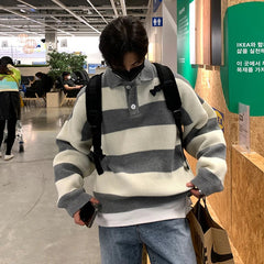 New Fashion Striped Men Polo Sweater Light Luxury Korean Popular Knitwear Premium Quality Long Sleeve Pullover Trendy Streetwear voguable