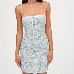 YENKYE Sexy Women French Sweet Lace Floral Print Sling Strapless Dress Summer Bodycon Party Mini Dress Female Pencil Robe voguable