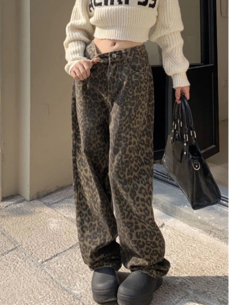Voguable Vintage Leopard Print Pantalon Femme Wide Leg Pants Women High Waist Straight Y2k Jeans Casual Fashion Korean Jean Trousers voguable