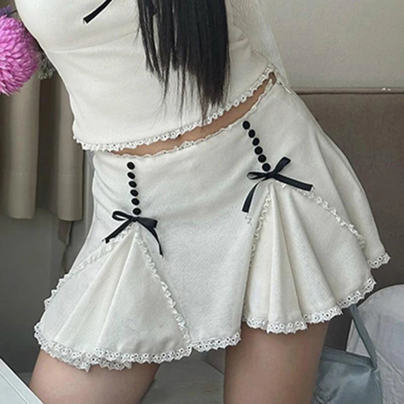 Voguable Cute Lace Bow Patchwork Mini Skirt White Japanese Style High-waisted A-line Skirts Coquette Y2K Bottoms Lolita Girls voguable