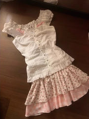 Voguable Japanese Sweet Kawaii Print 2 Piece Set Women Patchwork Lace Cute Skirt Suit Female White Bow Tops + Plaid Mini Skirt Sets 2024 voguable