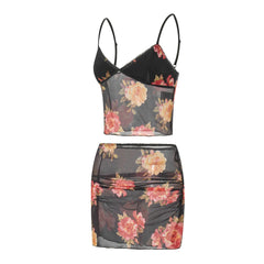 Women's Summer Set Sleeveless V Neck Low Cut Cami Tops + Elastic Waist Flower Print Mini Skirt 2 Piece Outfits voguable