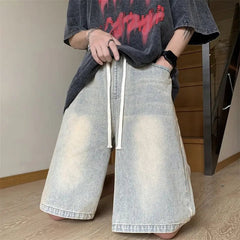 Loose Fit Denim Shorts men Elastic Waist Drawstring Washed Casual Summer Vintage Distressed Streetwear Comfort Stretch Fashion voguable