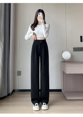 Voguable Winter Thick Loose Casual Female Wide Leg Pants Pure Color Chic Buttons Straight Slim Fashion Women Pants Black Apricot voguable