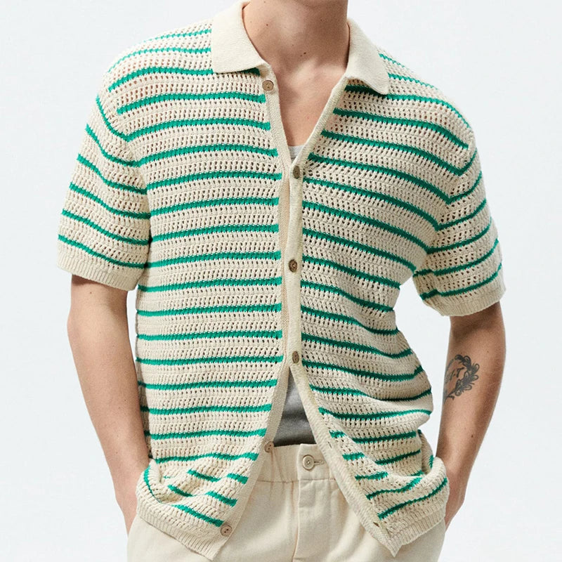 Men's Polo Shirt Light Luxury Knitted Clothing Popular Vintage Striped Short Sleeve Fashion Leisure Hollow Out Knitwear M-3XL voguable