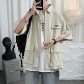 Voguable Shirts for Men with Pocket Cargo Man Shirt Loose Korean Style Casual Asia Cool Hipster Original Half Sleeve Normal Collar I Xxl voguable