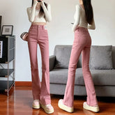 Voguable Summer New Micro Flare Imitation Jeans Women's Solid Button Pocket Zipper Elastic High Waist Casual Fashion Slim Straight Pants voguable