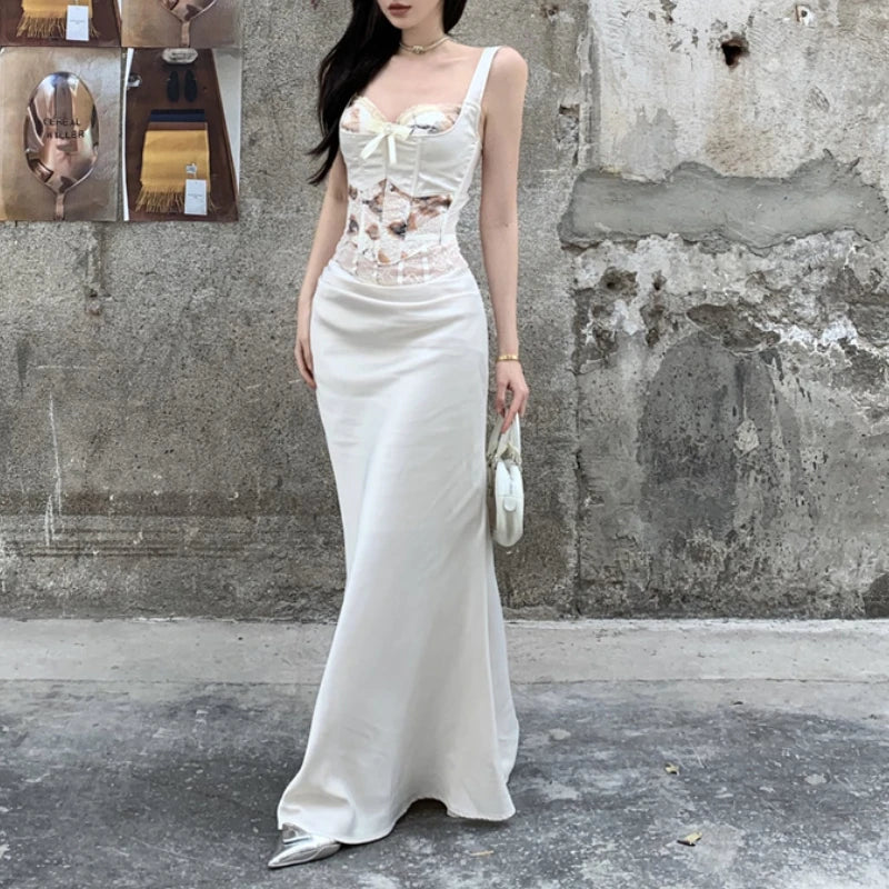 Voguable 2024 Spring Streetwear Contrast Color Printed Bow Sexy Camisole Women + Lace Spliced Casual Mid-Length Skirt Two-Piece Suit voguable