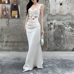 Voguable 2024 Spring Streetwear Contrast Color Printed Bow Sexy Camisole Women + Lace Spliced Casual Mid-Length Skirt Two-Piece Suit voguable