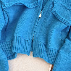Women's Zip Up Knit Cardigan with Pocket V-neck Zipper Front Crop Sweater Jacket Female Teen-girl Autumn Winter Y2K Outfit voguable