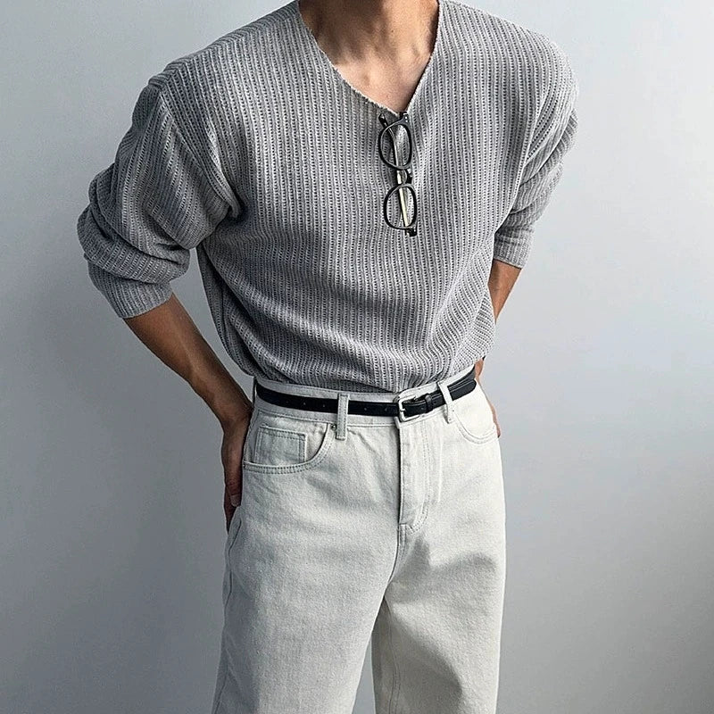 New Korean Fashion Men T-shirt Luxury Knitted Solid Color O Neck Long Sleeve Tees Casual Premium Quality Textured Knitwear M-3XL voguable